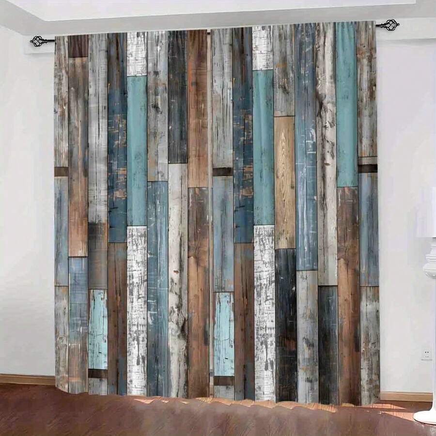2pcs Polyester Retro Faux Wood Grain Print Light Filtering Curtains, Suitable For Bedroom, Living Room, Office And Home Decor, Rod Pocket Design, Fits Curtain Rod
