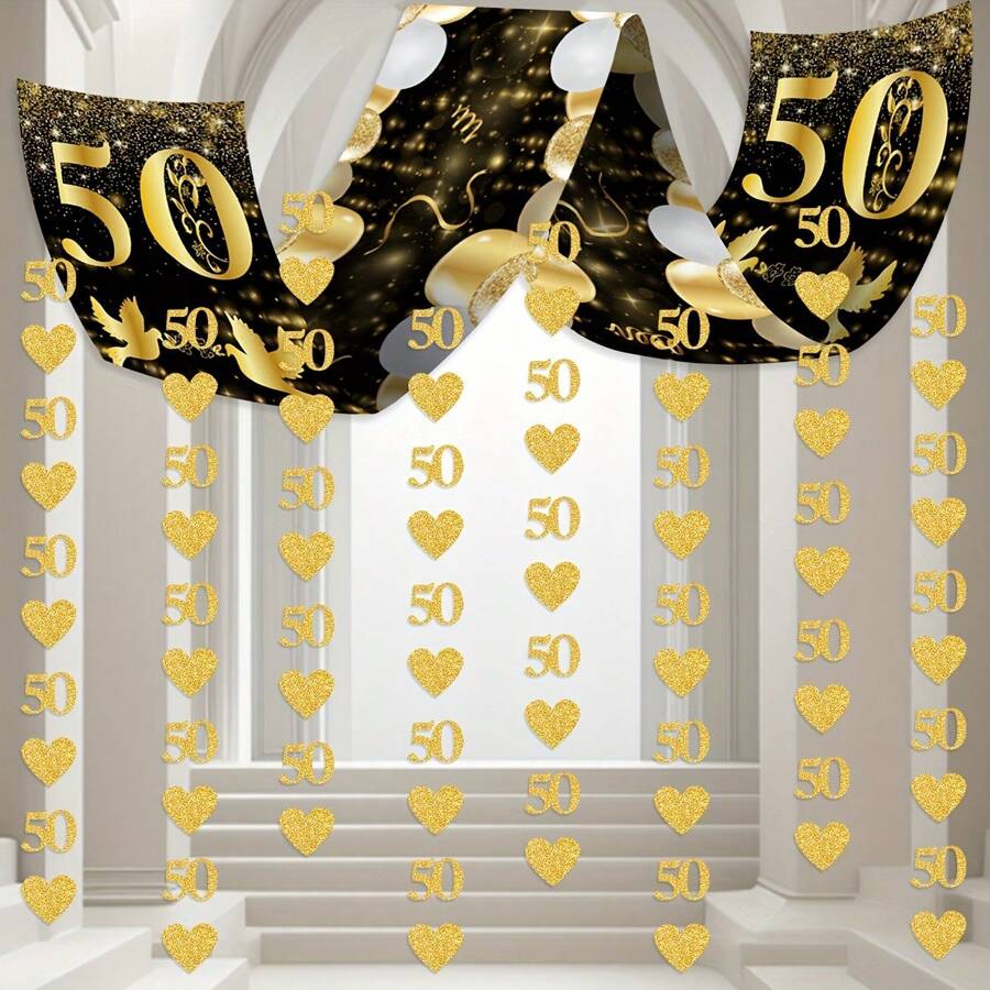 Pancarta del 50 aniversario, decoraciones para el 50 aniversario de boda, pancarta del 50 aniversario, guirnalda con número 50 corazones negro y dorado, decoración del 50 aniversario para fiesta de cumpleaños de 1975 boda de oro