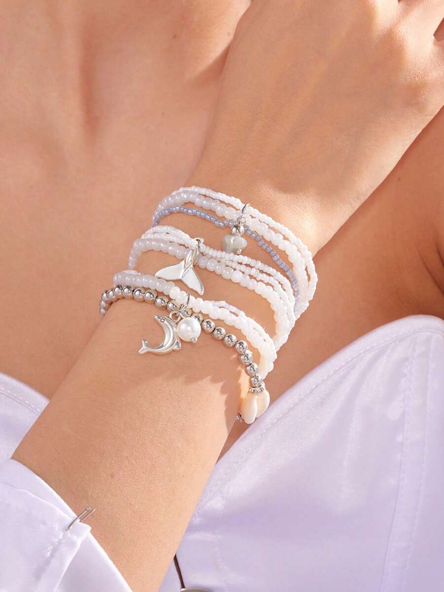 Conjunto de 3 pulseiras de pérolas em camadas, estilo boêmio, praia, concha, tartaruga, rabo de peixe, design versátil