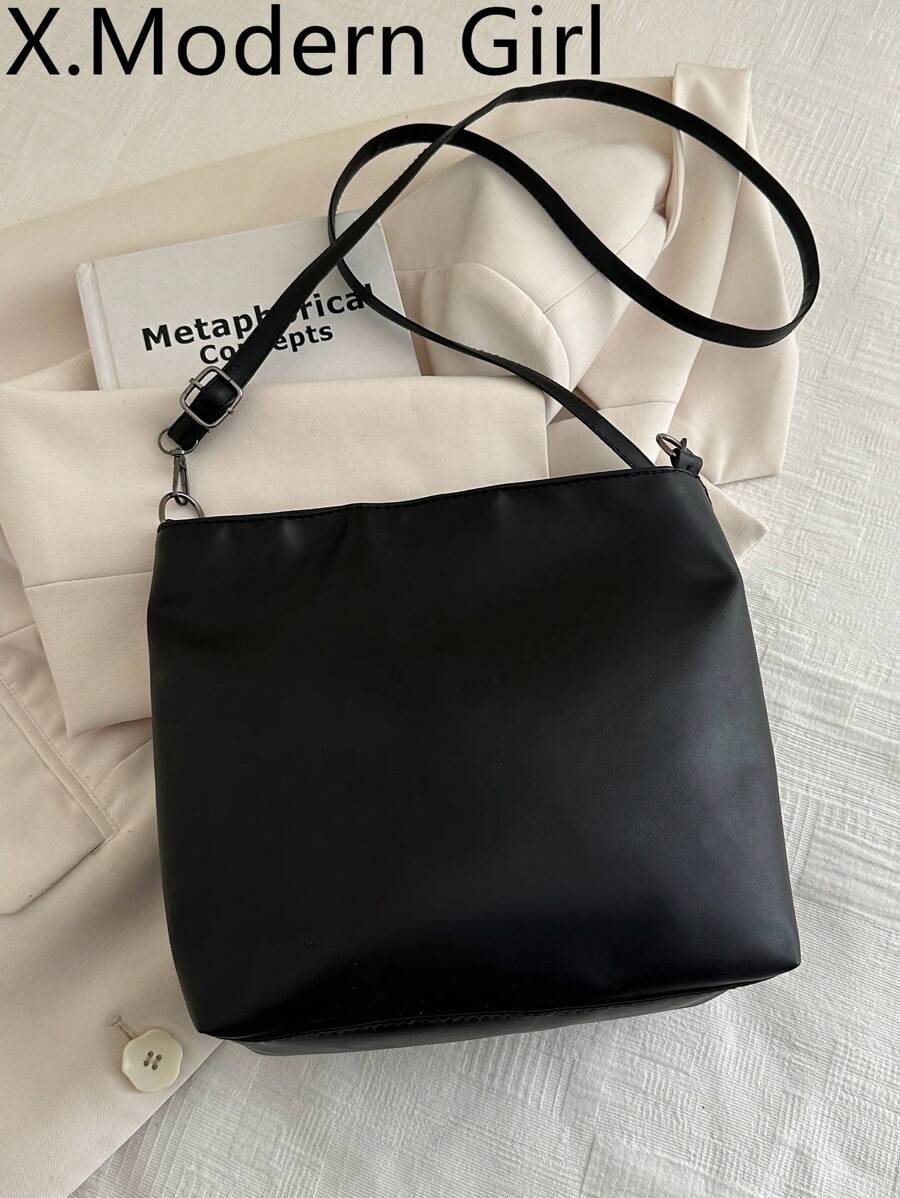 Fashionable Versatile Solid Color Vintage PU Shoulder Bag, Casual Simple Textured Bucket Bag
