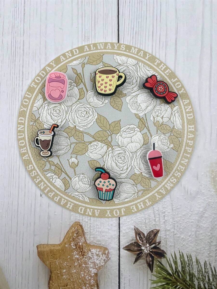 6-Piece Set Coffee And Candy Cartoon Patterns Sandals Accessories DIY Customizable Slipper Decoration, Suitable For Beach, Holiday, Birthday Gifts