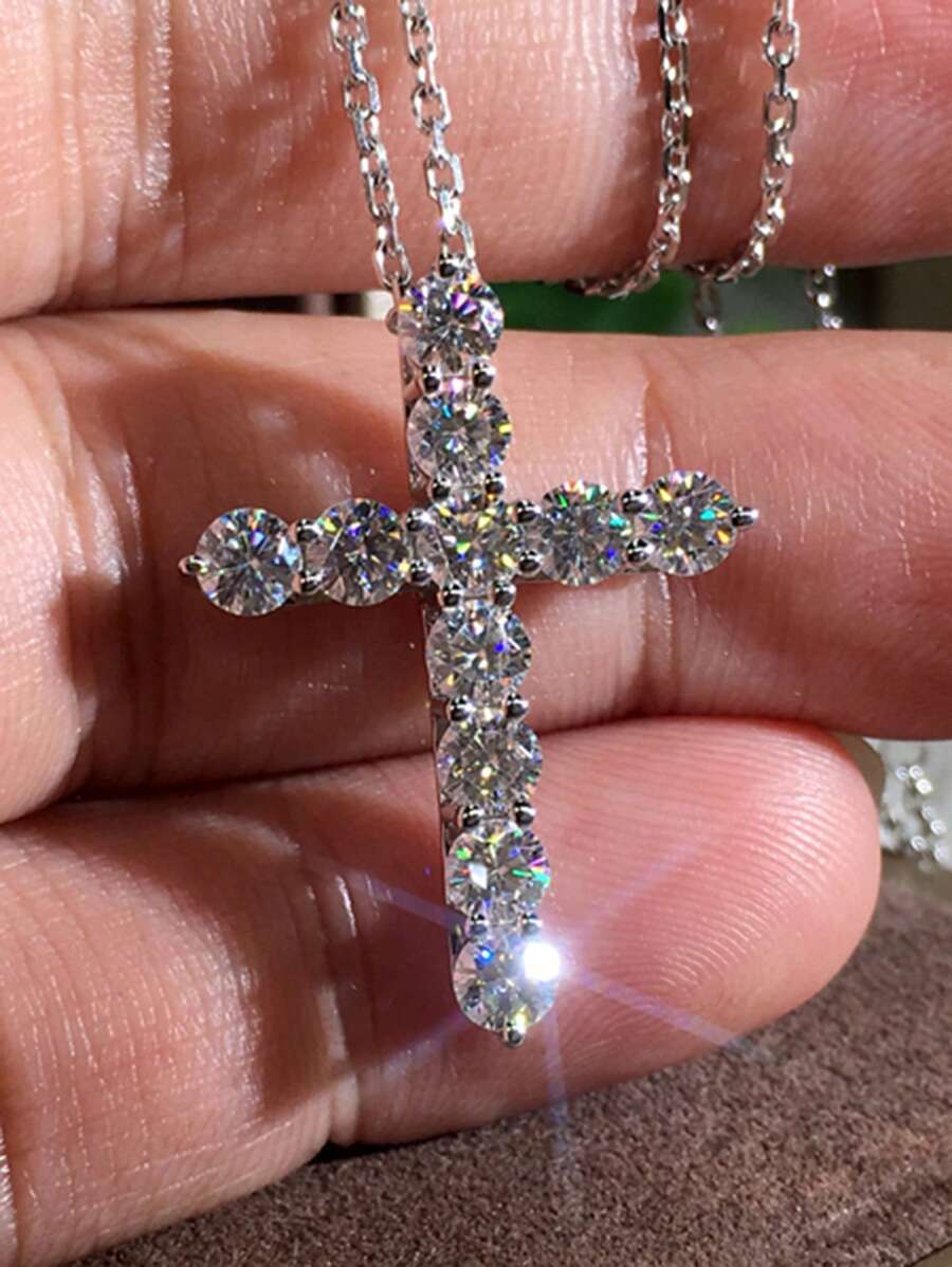 1 PC Luxury 925 Sterling Silver Cubic Zirconia Cross Pendant Necklace Wedding Jewelry For Women Fine Jewelry