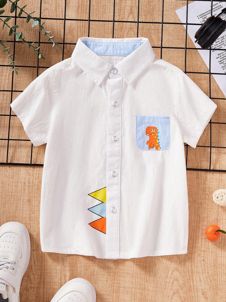 Top Polo Casual Estilo Escolar com Estampa de Dinossauro Fofa para Meninos, Top de Manga Curta Branca para Meninos, Novos Lançamentos de Verão