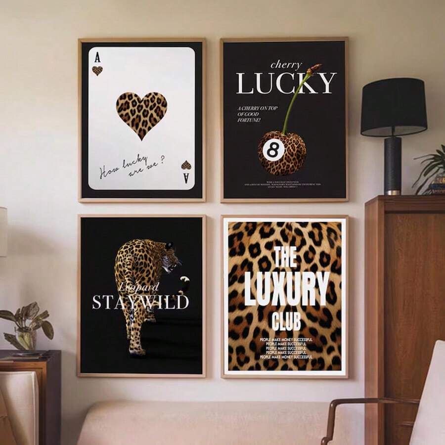 4pcs Vintage Leopard Wall Art Picture Luxury Magazine Cover Prints Canvas Paintings Lucky 8 Ball Poster Girly Aesthetic Decor For Bedroom, Living Room, Or Office ,Dorm Room Decor Gift For Her Umframed