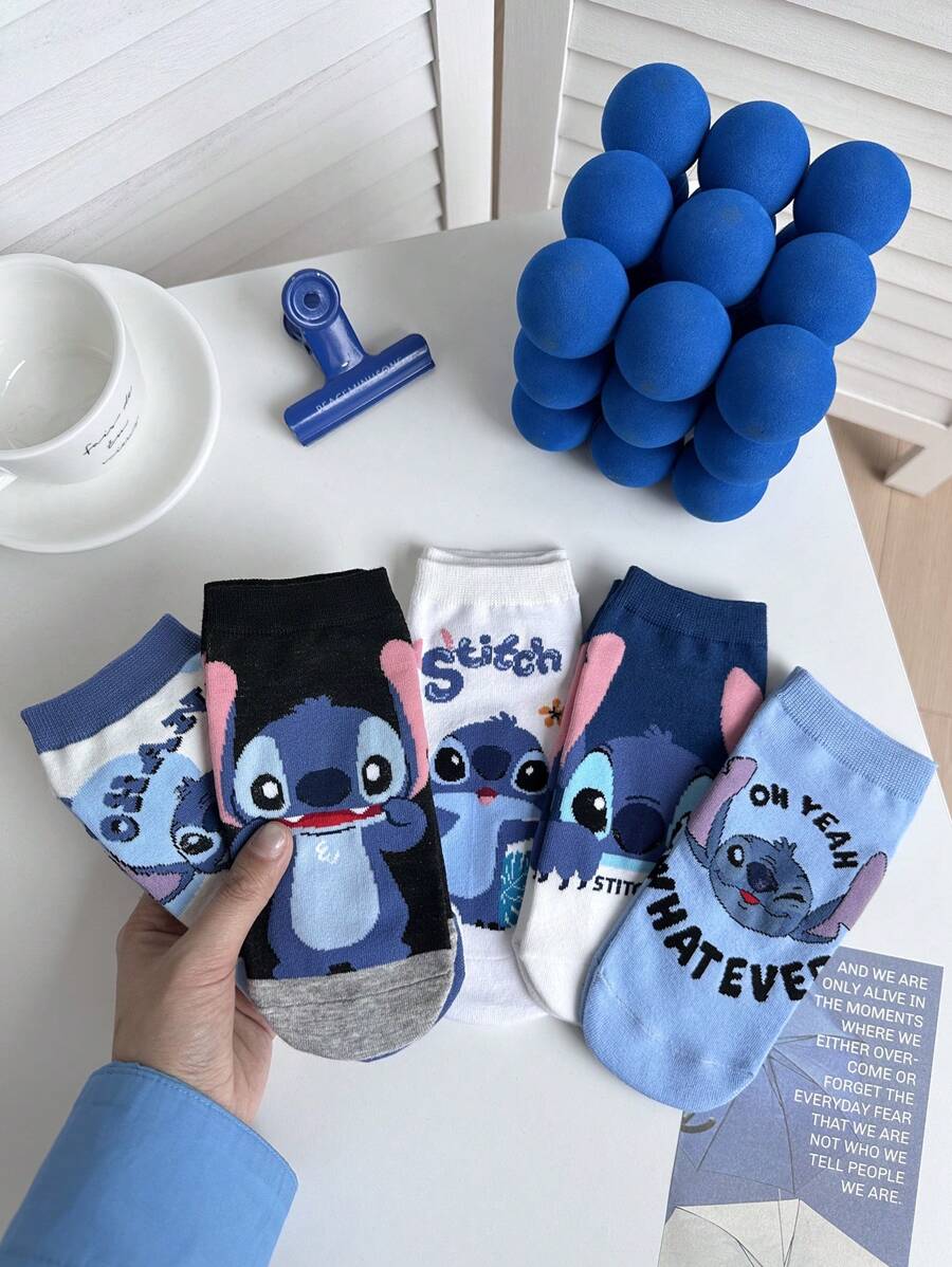 Disney 4 pares de calcetines tobilleros de mujer con estampado de Stitch de , versátiles para todas las temporadas, color aleatorio, de tela de alta calidad, sin relleno