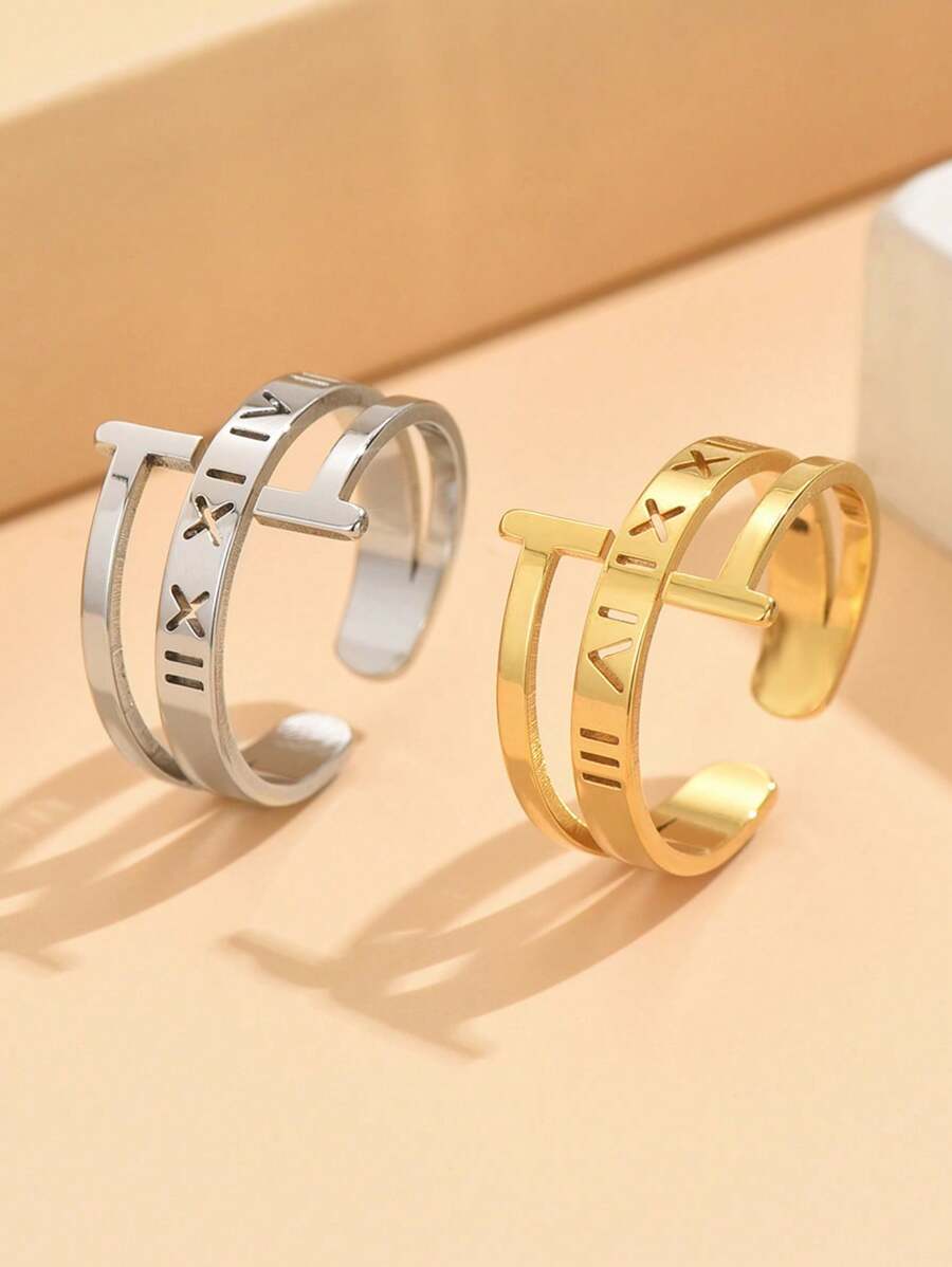1 pieza Anillo de acero inoxidable ajustable con letra hueca de estilo minimalista y moderno, chapado en oro de 18 quilates, joyería resistente a los arañazos para uso diario de las mujeres