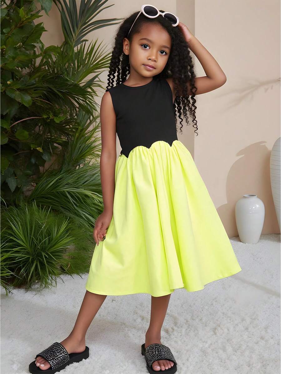 Seven Princess Robe d'été décontractée sans manches à col rond en patchwork pour jeunes filles, convient pour un usage décontracté et les vacances