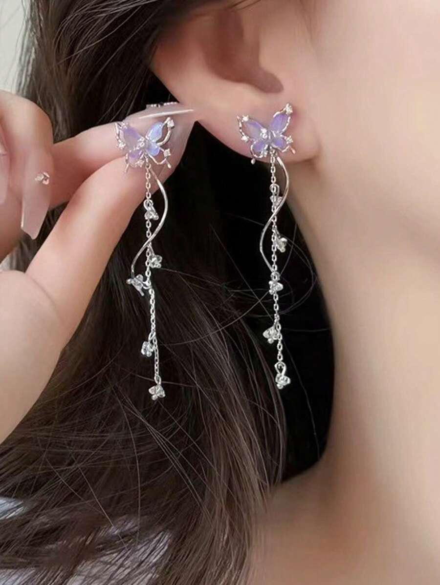 2 piezas de Pendientes de mariposa con mariposa morada y colgante con borla, dulce y de moda para mujer, adecuado para uso diario, vacaciones, fiestas y reuniones