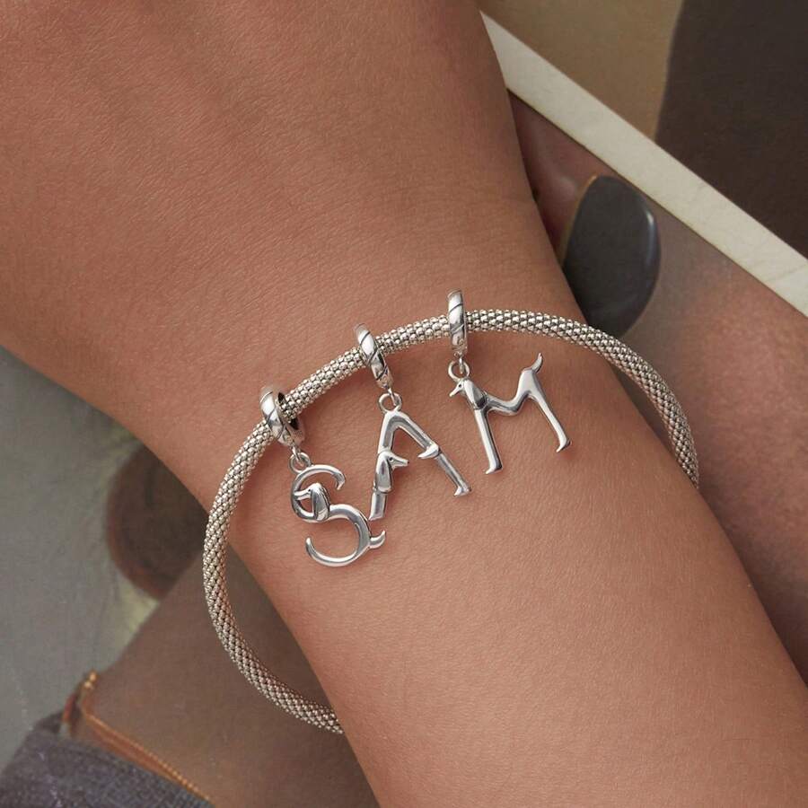 1 PC 925 Sterling Silver Cute Dachshund Shaped Letter Charm Pendant For Charm Bracelet, Alphabet Initial Beads Jewelry