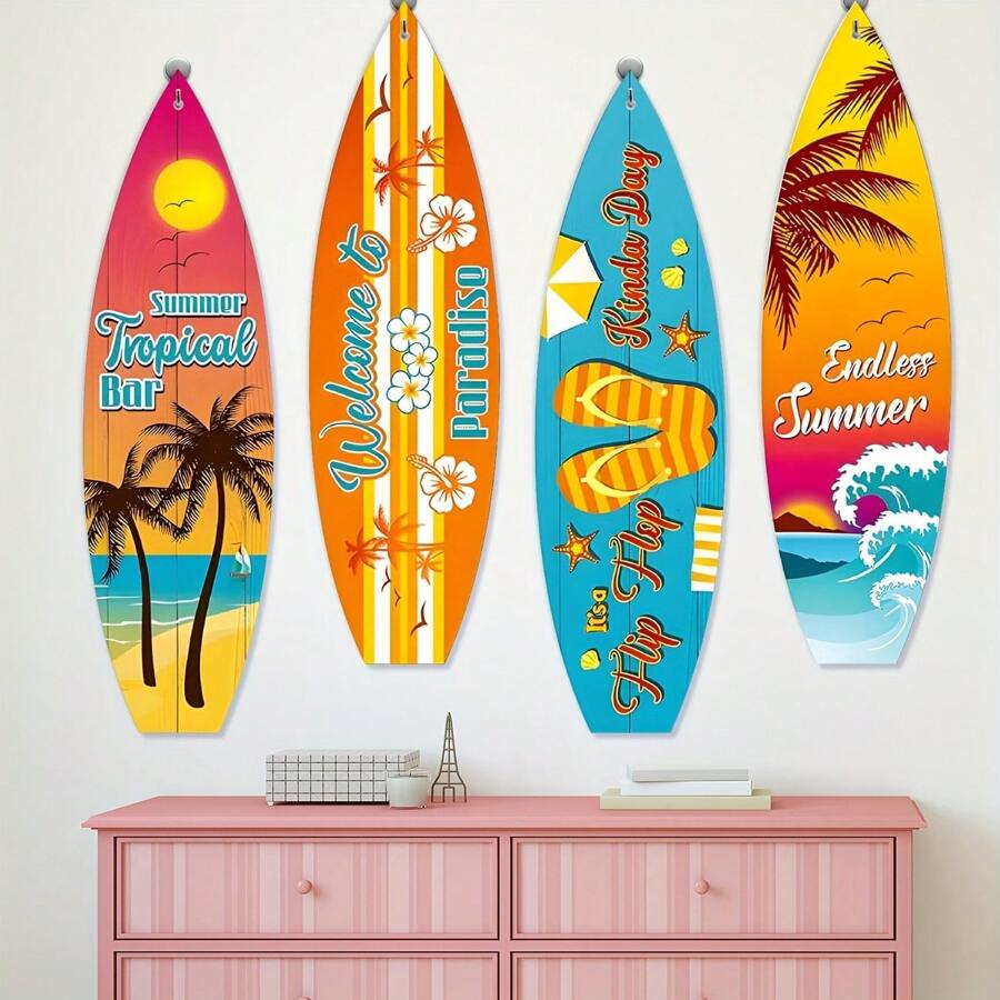 4 piezas Bandera de fiesta de tablas de surf Decoración de pared de verano Bandera colgante de pared de tablas de surf Letrero de decoración de playa Decoración de tema de verano Decoración de fiesta hawaiana y luau Decoración para el hogar, bar, fiesta de cumpleaños tropical Aloha