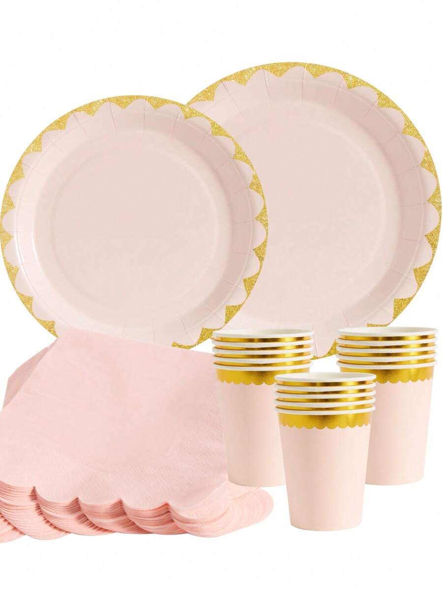 1 Set Of 25pcs Light Pink & Golden Flower Rim Disposable Plate, Napkin And Cup, Suitable For Birthday, Wedding, Party, Family Picnic, Disposable Use Paper Plate Dinnerware Set