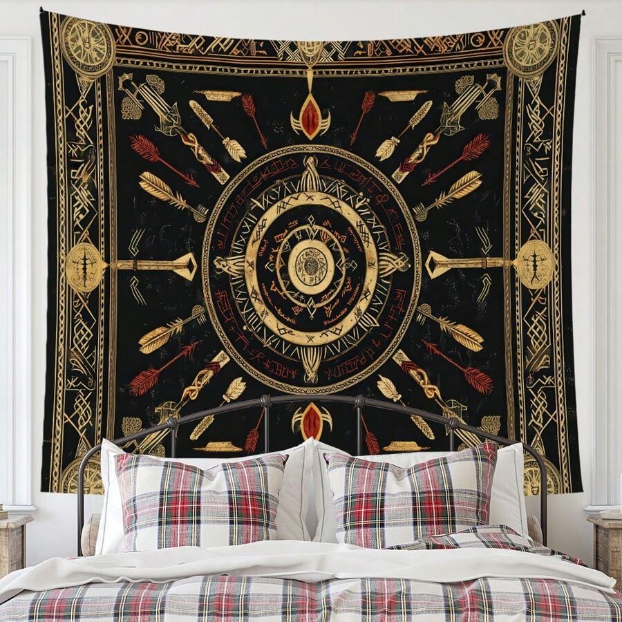 1 pezzo Arazzo in terylene medievale nordico con rune nere e dorate per soggiorno, camera da letto, dormitorio, appeso al muro, decorazione per la casa, grande motivo misterioso vichingo con simboli antichi, arte bohémienne da parete, 90x70 pollici in cotone e lino