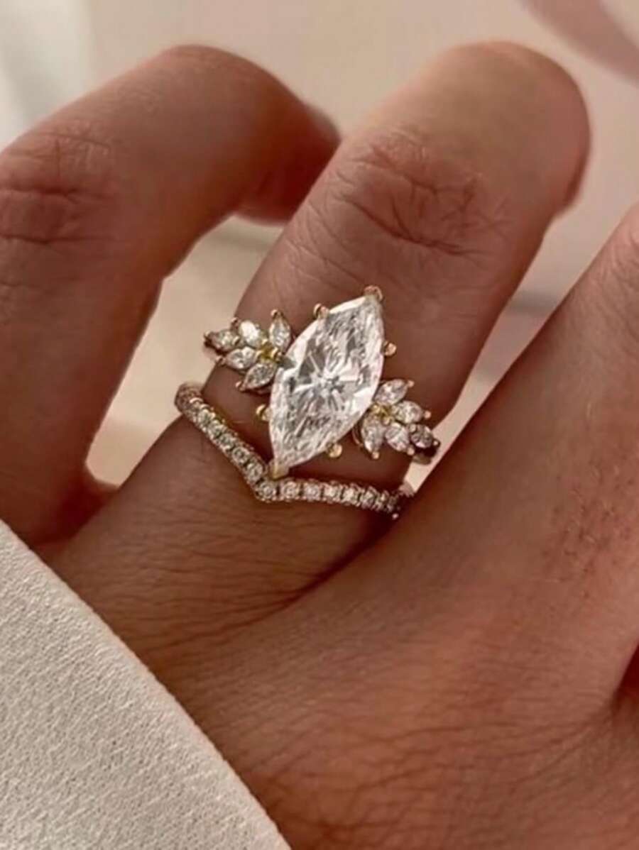 2pcs/Set Geometric Water Drop & Leaf Micro-Inlaid Zirconia Copper Gold Plated Rings Set For Women, Suitable For Daily Wear, Wedding, Engagement, Anniversary, Girlfriend Gift