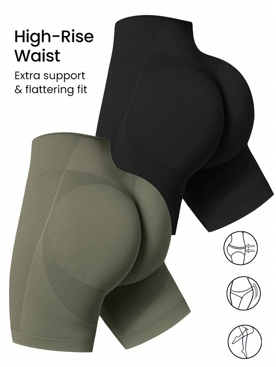 2 peças Shorts de Ioga Sem Costura Fitness Esportivo Feminino, Cintura Alta com Controle da Barriga, Levantamento do Bumbum, Secagem Rápida, Shorts Altamente Elásticos
