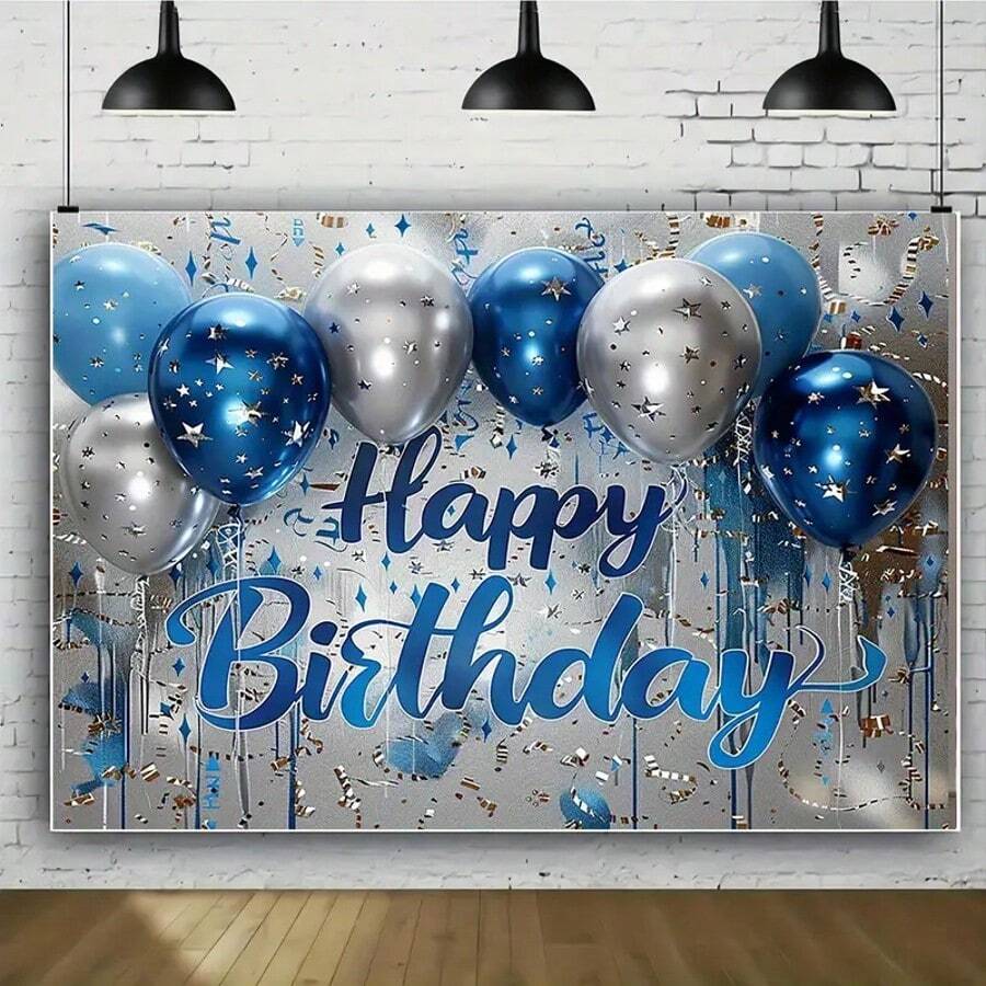 Sparkling Blue And Silver Birthday Background - Elastic Party Decorations, Made Of Polyester, Available In Various Sizes