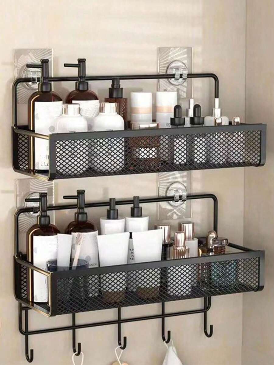 1pc, Bathroom Bathroom Wall Shelf Without Punching Shampoo Bath Toothpaste Hanging Iron Storage Shelf Corner Tripod Back To School