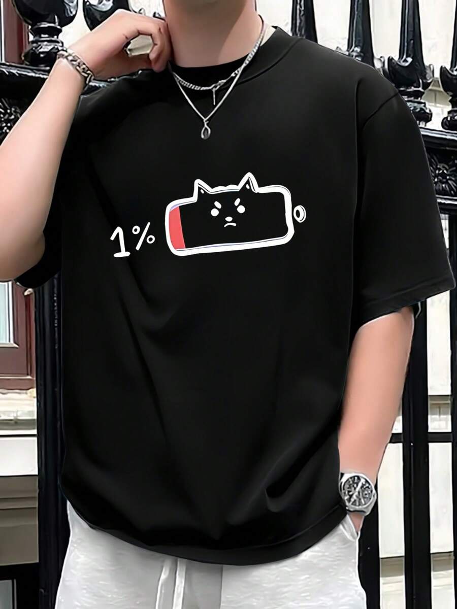 Battery 1% Cat Print Black Short Sleeve T-Shirt, Men's 220gsm New Summer Casual Crew Neck Pure Cotton Short Sleeve T-Shirt (1 Pc)