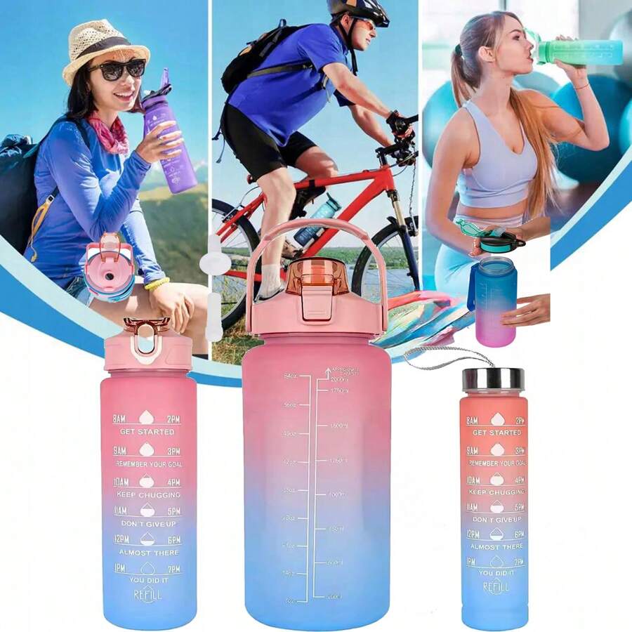 Ensemble de bouteilles d'eau de motivation 3 en 1 - Multi-design, 2 L + 900 ml + 300 ml | Bouteille d'eau Sipper pour adultes | Bouteilles d'hydratation anti-fuites avec marqueur de temps inspirant pour salle de sport, bureau et voyage, BOUTEILLE DE MOTIVATION 3 PIÈCES avec tasse à mesurer Bouteille de motivation pour l'eau.