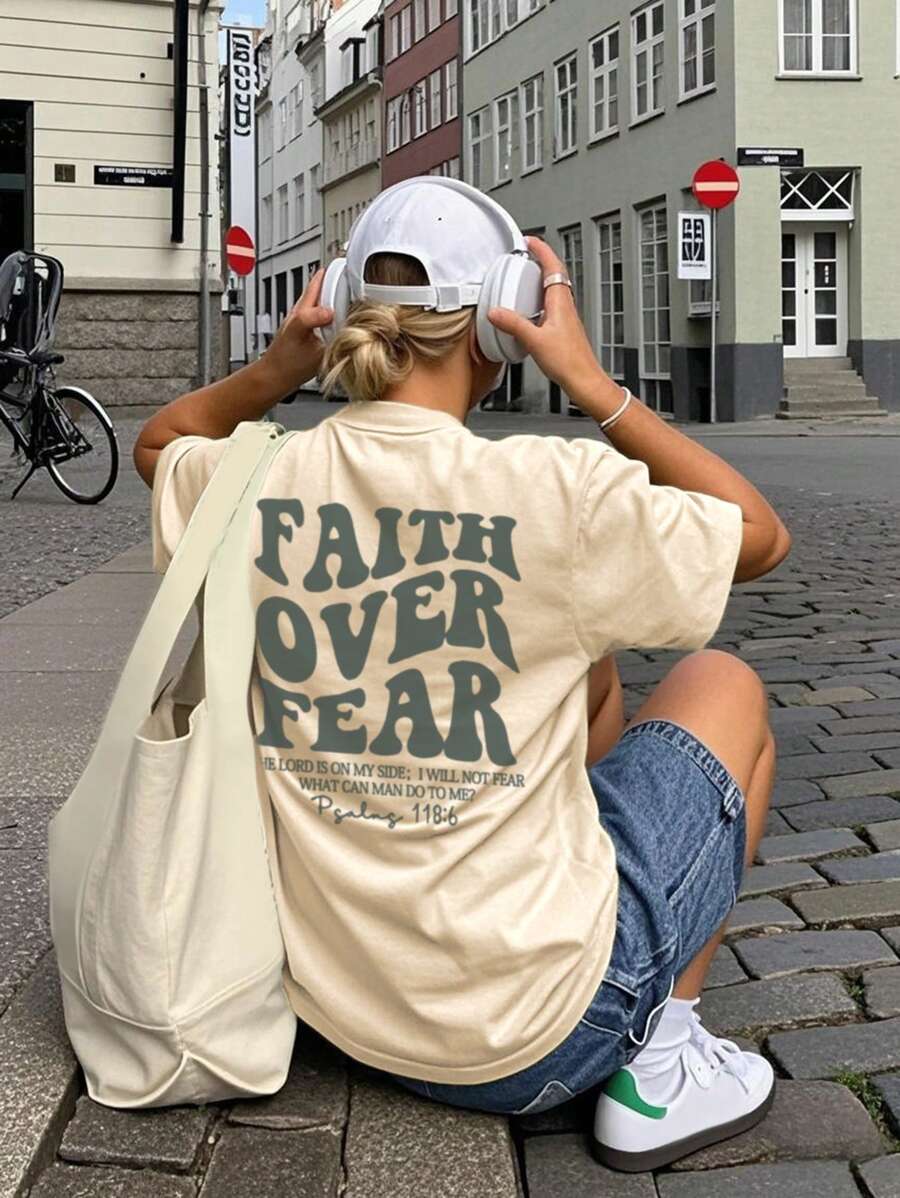 Ladies' Spring And Summer New Style Faith Over Fear Letter Print Daily Casual Round Neck Short Sleeved T-Shirt, Fashionable Vacation Style, Your Daily Necessity. Vacation Outfits Women Graphic Tees Women White Top