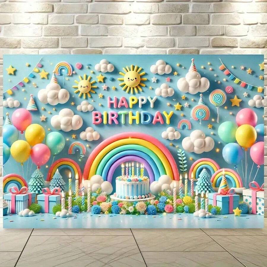 1pc 2D Background Banner, Colorful Rainbow Birthday Celebration Polyester Fabric Wall Decor, Suitable For Living Room, Bedroom, Office And Outdoor Decoration, Ideal Party & Holiday Gift