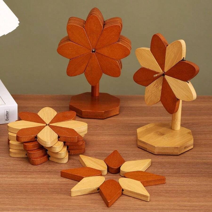 Complete Set Of Wooden Windmill, Heat-Resistant Coasters, Insulation Pad, Foldable Heat-Insulating Table Mat Decorations, Suitable For Household Use