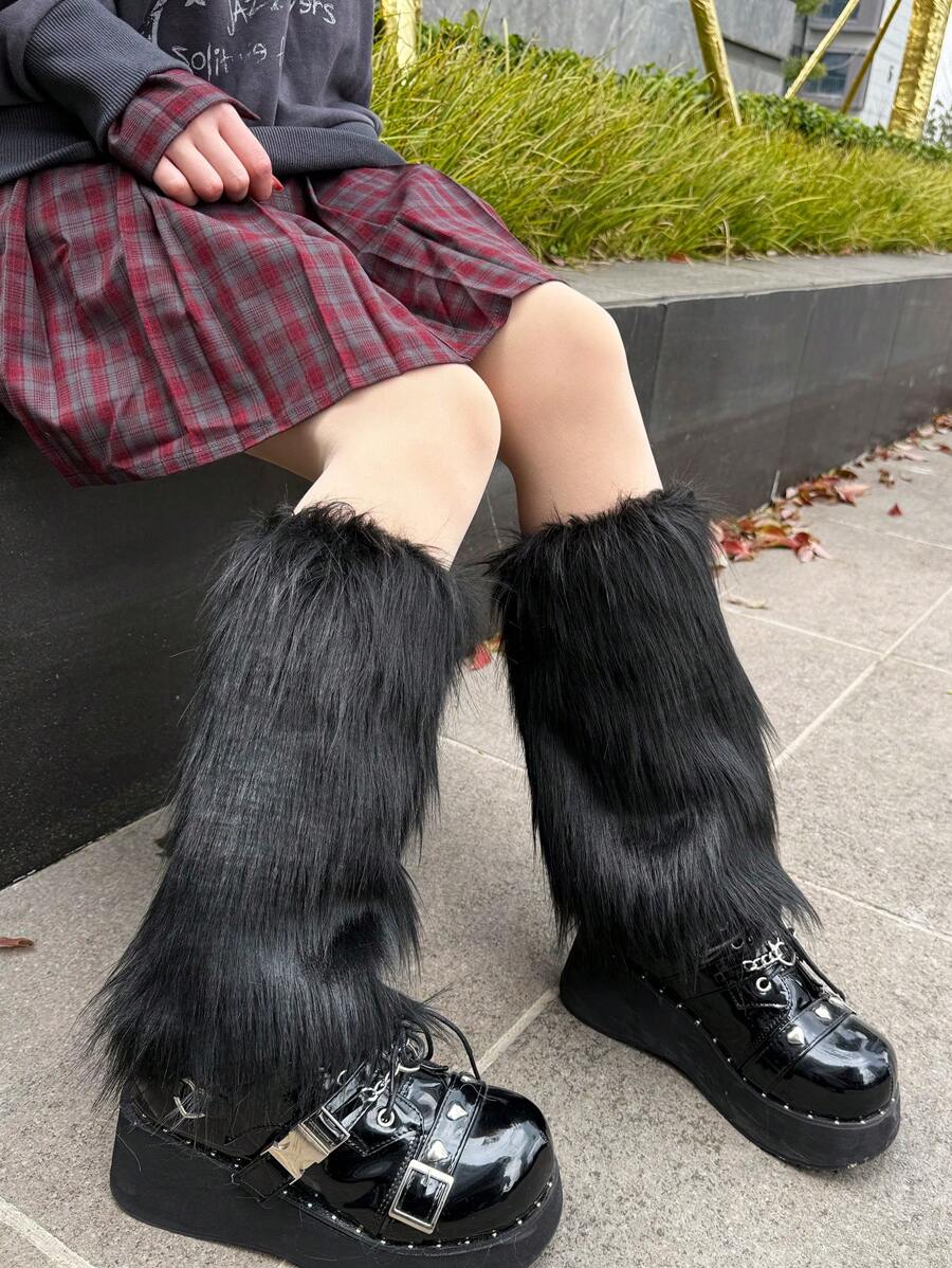 1 Pair Black Solid Color Fuzzy Faux Fur Leg Warmers, Y2K Style, All Seasons