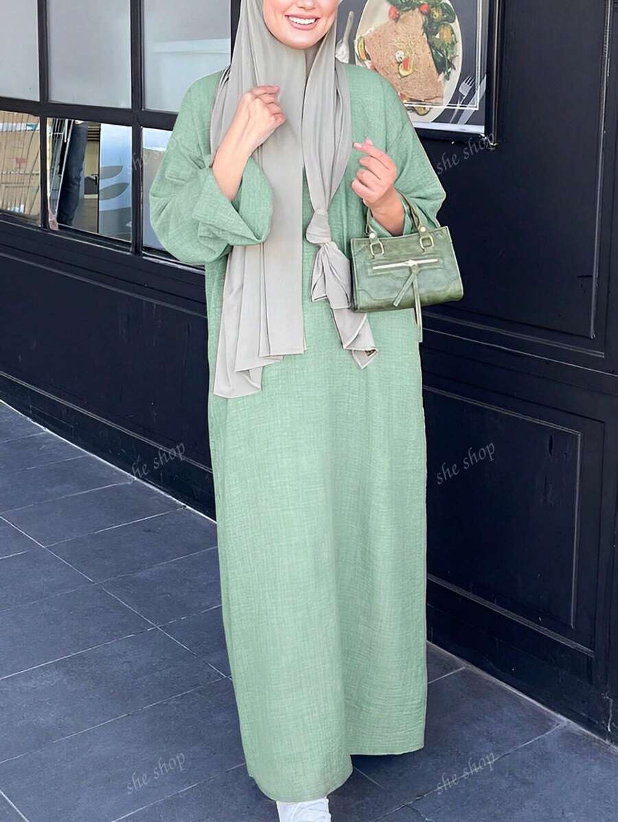 Robe longue ajustée élégante à col rond et manches longues unie pour un port quotidien, Kaftan modeste