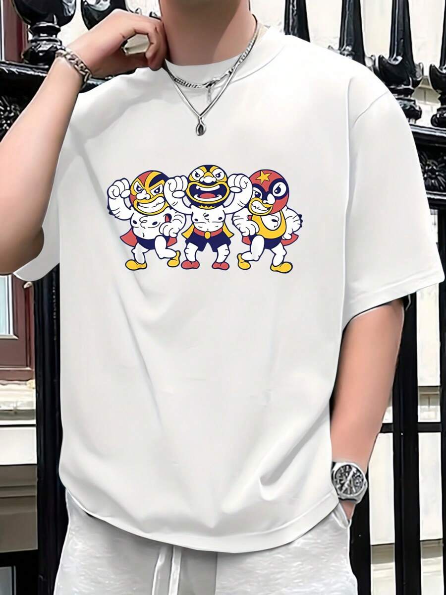 White Cartoon Character Print Short Sleeve T-Shirt,Men's 220gsm New Summer Casual Crew Neck Pure Cotton Short Sleeve T-Shirt (1 Pc)