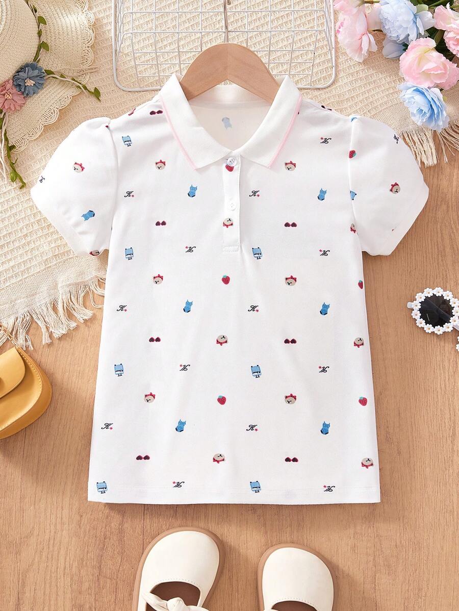 Polo informal para niña con estampado de oso y fresa, elegante y lindo, top de manga corta para niña preadolescente, moda de verano