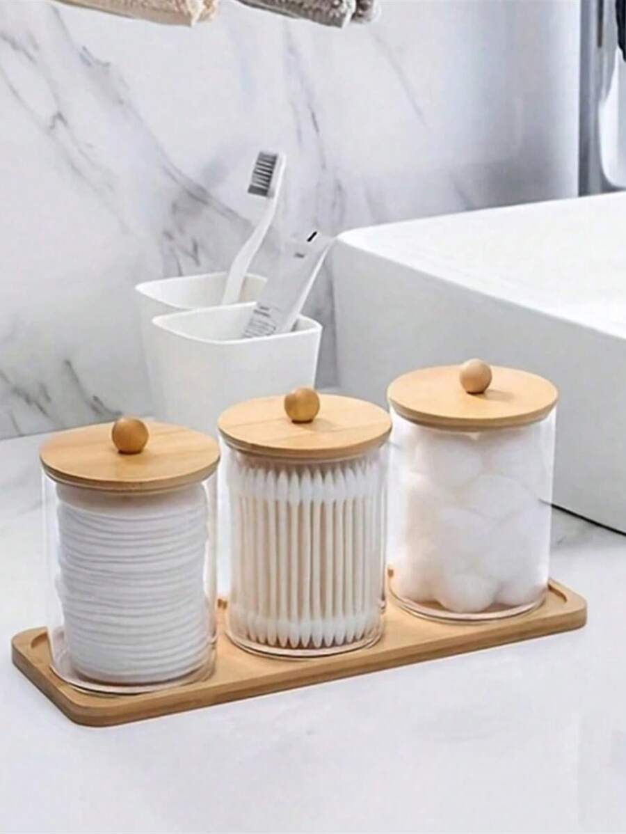 3 Pieces Clean Swab Rack With Tray, Designed Specifically For Organizing And Storing Bathroom Items. These Transparent Plastic Jars With Wooden Lids Are Perfect For Storing Balls, Clean Swabs, And Dental Floss. Bathroom Accessories Bathroom Organizer Back To School Storage