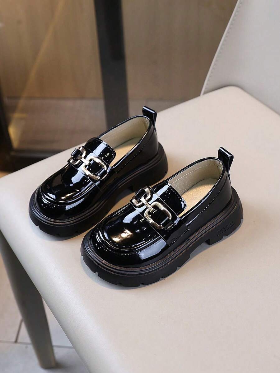 1 Pair Girls Thick Sole Spring Fashion Versatile Shiny Patent Leather Loafers