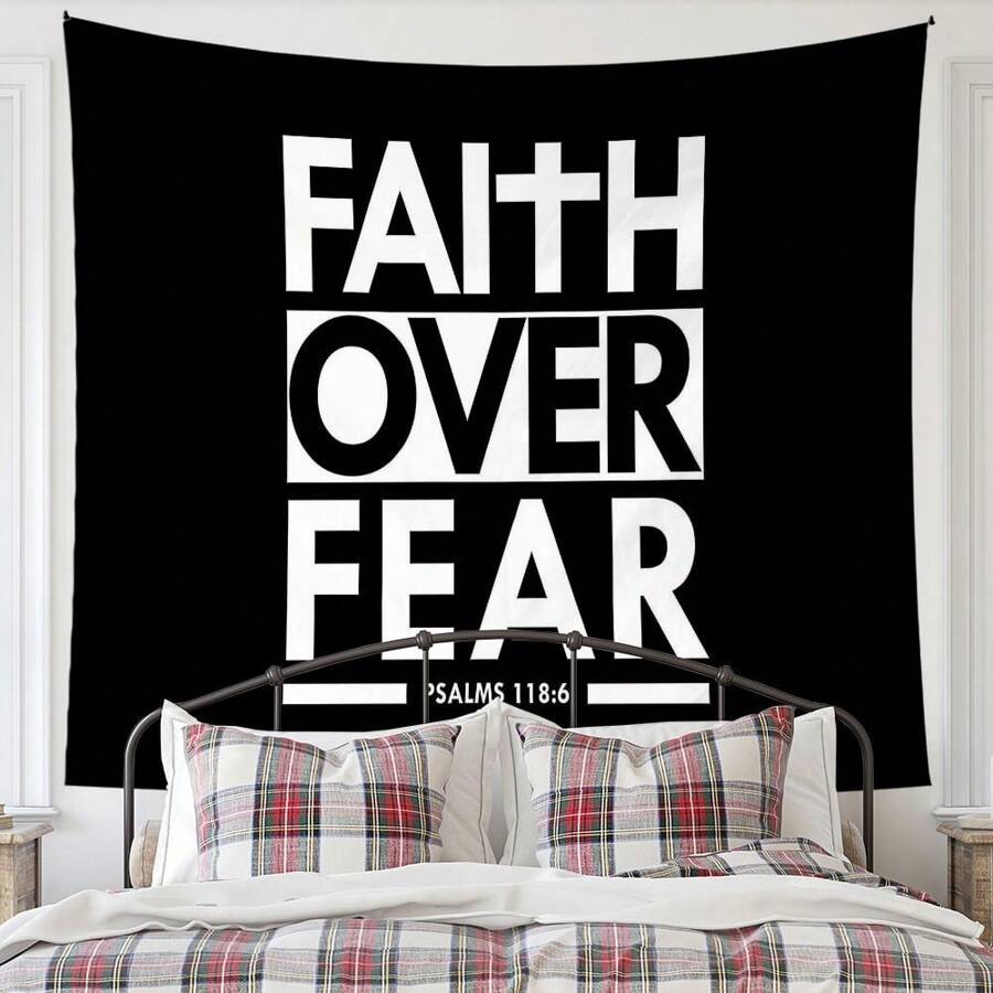 1 pezzo Arazzo in terylene con citazione ispiratrice religiosa "La fede vince la paura", decorazione da parete in bianco e nero con citazione biblica, per la casa, l'appartamento, il soggiorno, dimensioni 230 cm x 180 cm, arazzo con slogan cristiano