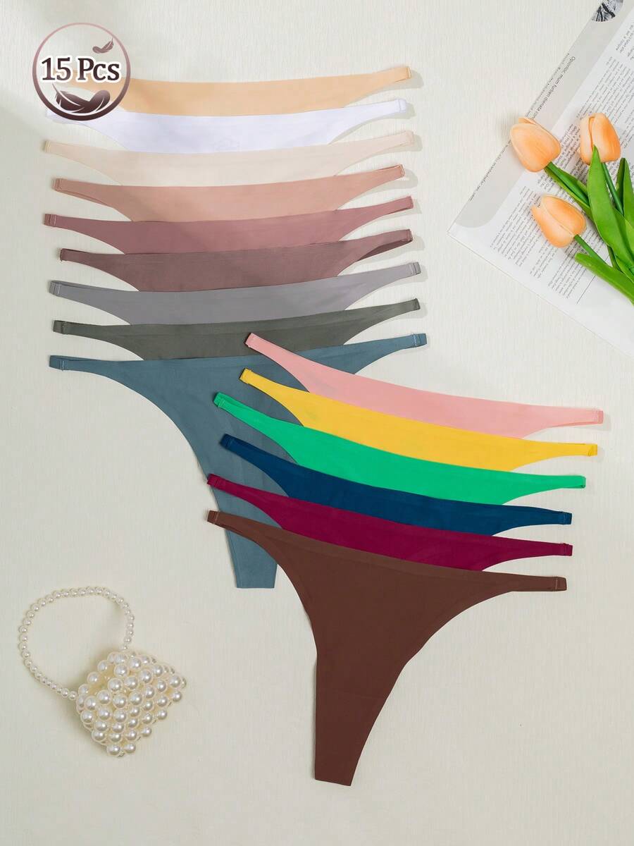 15pcs Women Seamless Dopamine Thong Panties, Colorful Sexy Soft Silk Set, Beach Bikini, Ideal Gift For Birthday, Valentine's Day, Christmas, Halloween