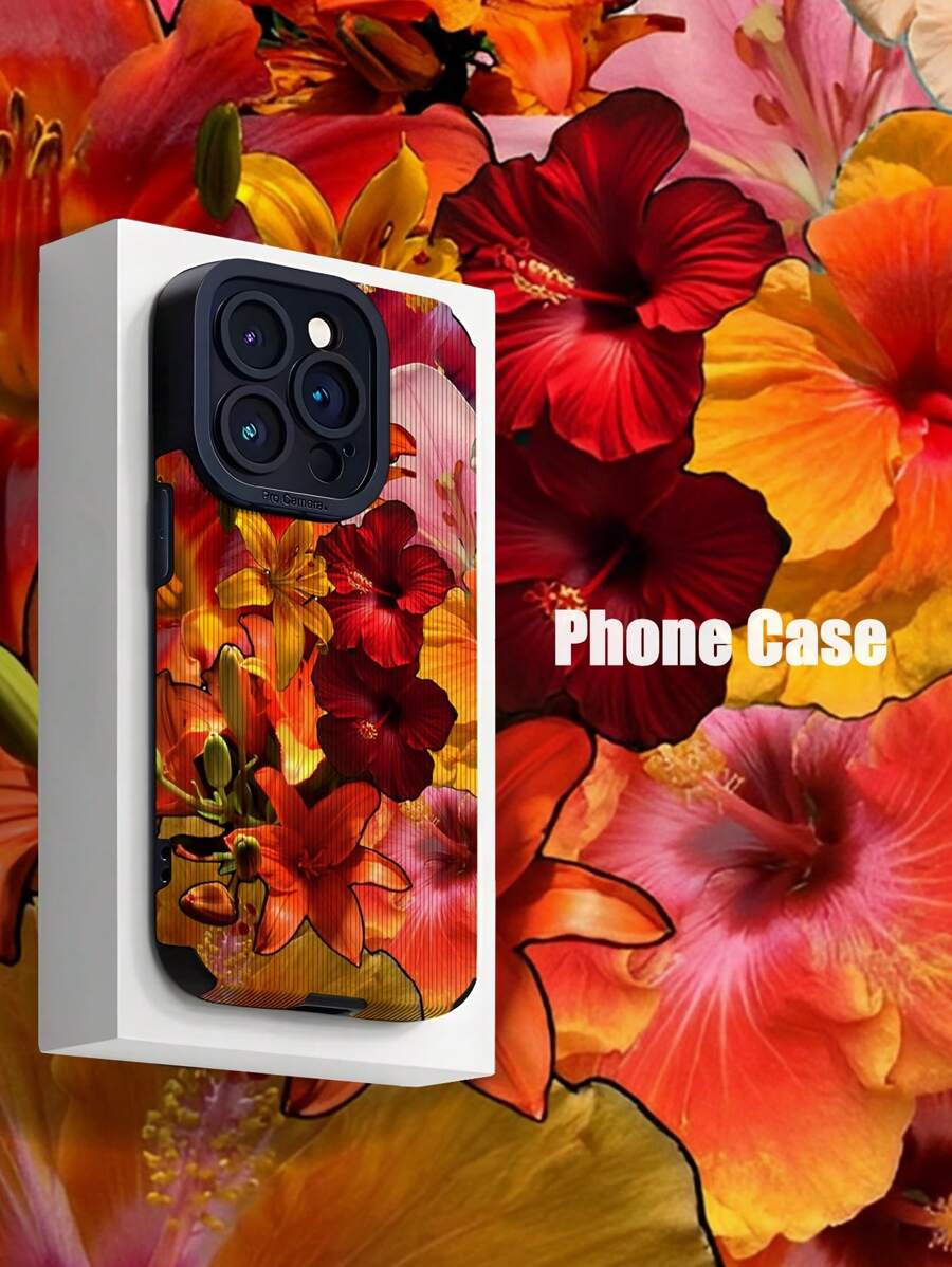 Flower 1pc Cute & Tender Pink Floral Vertical Stripes Faux Leather Shockproof Anti-Fingerprint Phone Case, Compatible With Apple & Models