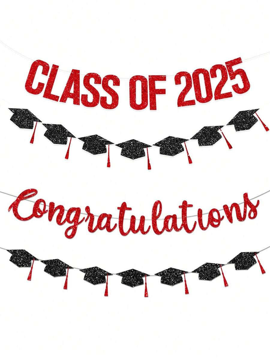 1 Set Glitter Pink & Black 2025 Graduation Congratulations Banner, Paired With Graduation Cap Hanging Flag Decorations, Suitable For Graduation Ceremony And Party Decoration