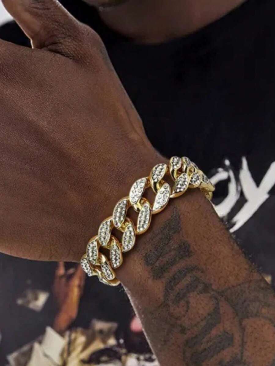 1 Piece Punk Hip Hops Thick Link Chain Bracelet Bling CZ Zirconia Crystal Cuban Chain Bracelet For Women Men Daily Wear