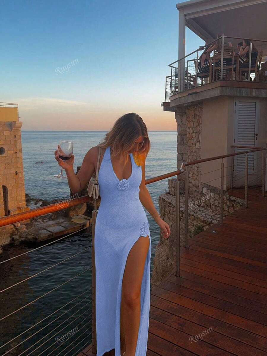 Abito lungo vacanziero da donna con scollo a V, spalline, maglia lavorata a maglia, schiena scoperta, ricamo, apertura alle gambe, senza maniche, lunghezza pavimento, in raso, con spalline sottili, motivo floreale, attillato, copricostume estivo, spacco laterale, elegante, per feste e cocktail, stile Ibiza