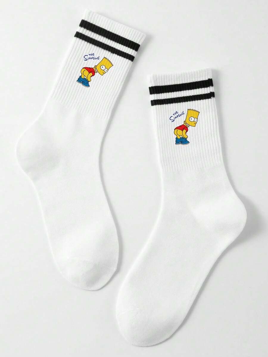 1 par de calcetines unisex/mujer/hombre con estampado de dibujos animados de Los Simpson y doble franja, calcetines tipo crew lindos y deportivos, suaves y cómodos, versátiles para uso casual, estudiantes, fiesta de adultos/festividades de Halloween, oficina, hogar y uso diario, primavera/verano