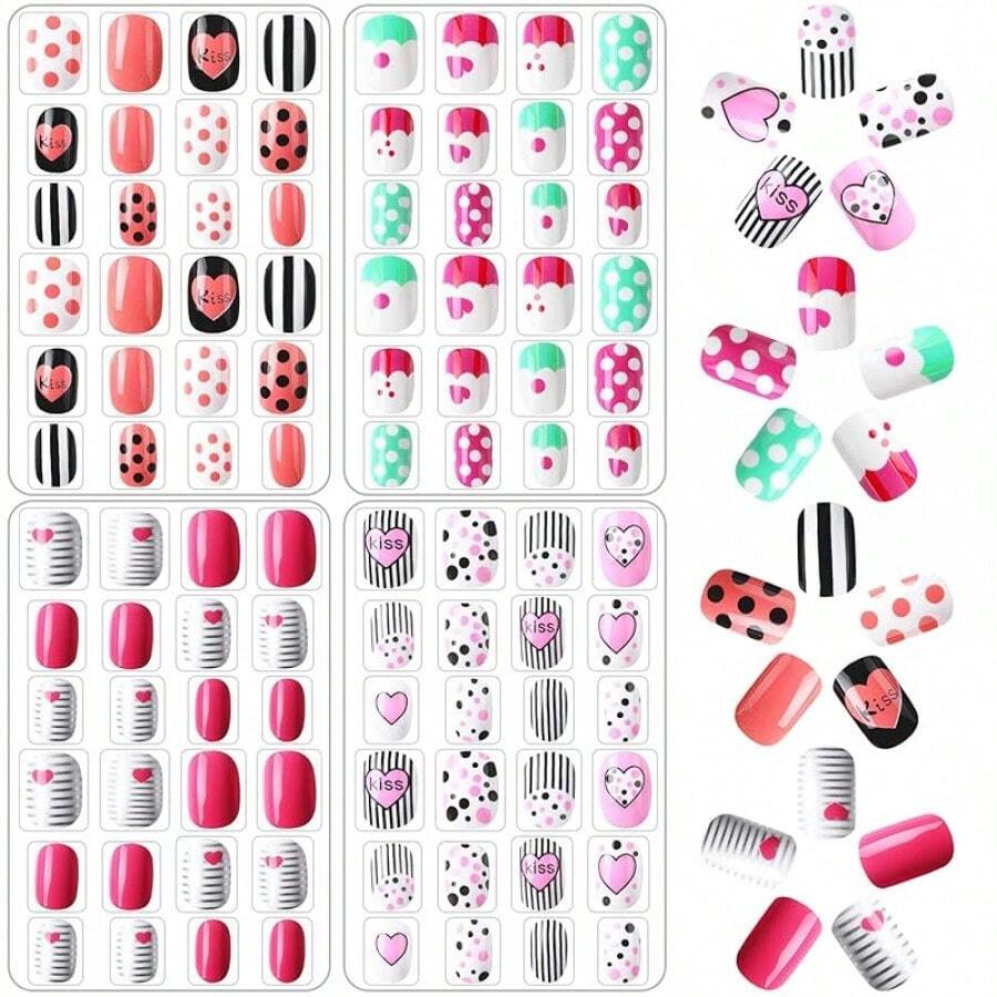 JANYUN 96 Pcs Kids False Nails - Press On, Full Cover, Short Nails In Blue Theme For Little Girls' Nail Art Decoration