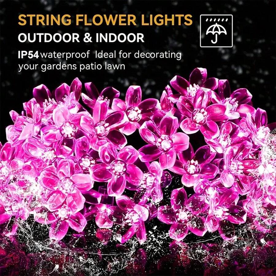 1pc Solar Powered Cherry Blossom String Lights - 20 LED/50 LED, Waterproof IP54, Multi-Color (White, Pink, Colorful), 8 Modes, 600mAh Ni-MH Battery Solar Panel, Suitable For Outdoor Garden, Yard, Patio And Tree Decoration, Garden Decor, Holiday Decoration