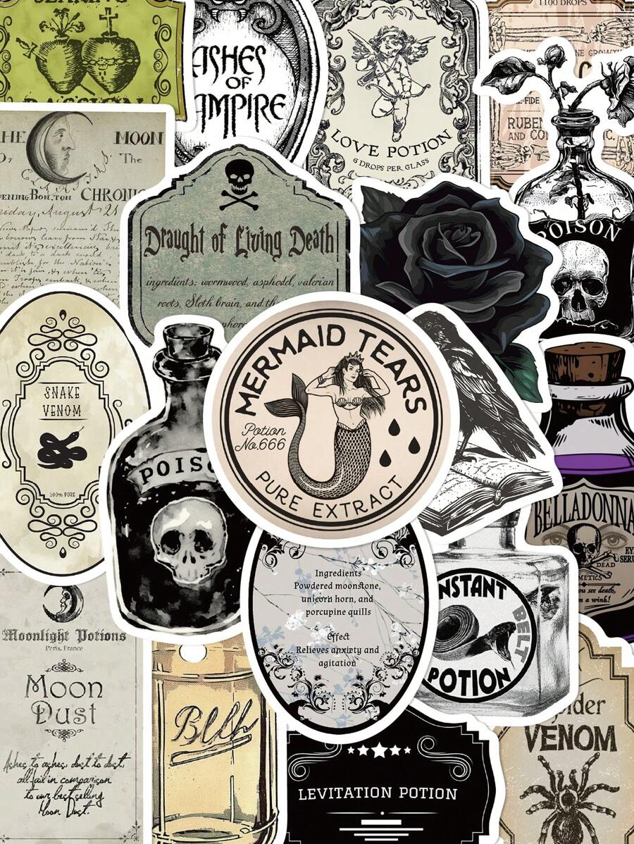 50pcs Vintage Gothic Potion Labels Magic Potion Stickers Laptop Luggage Scrapbook Room Decoration Diy Creative Stickers,School Supplies,Back To School