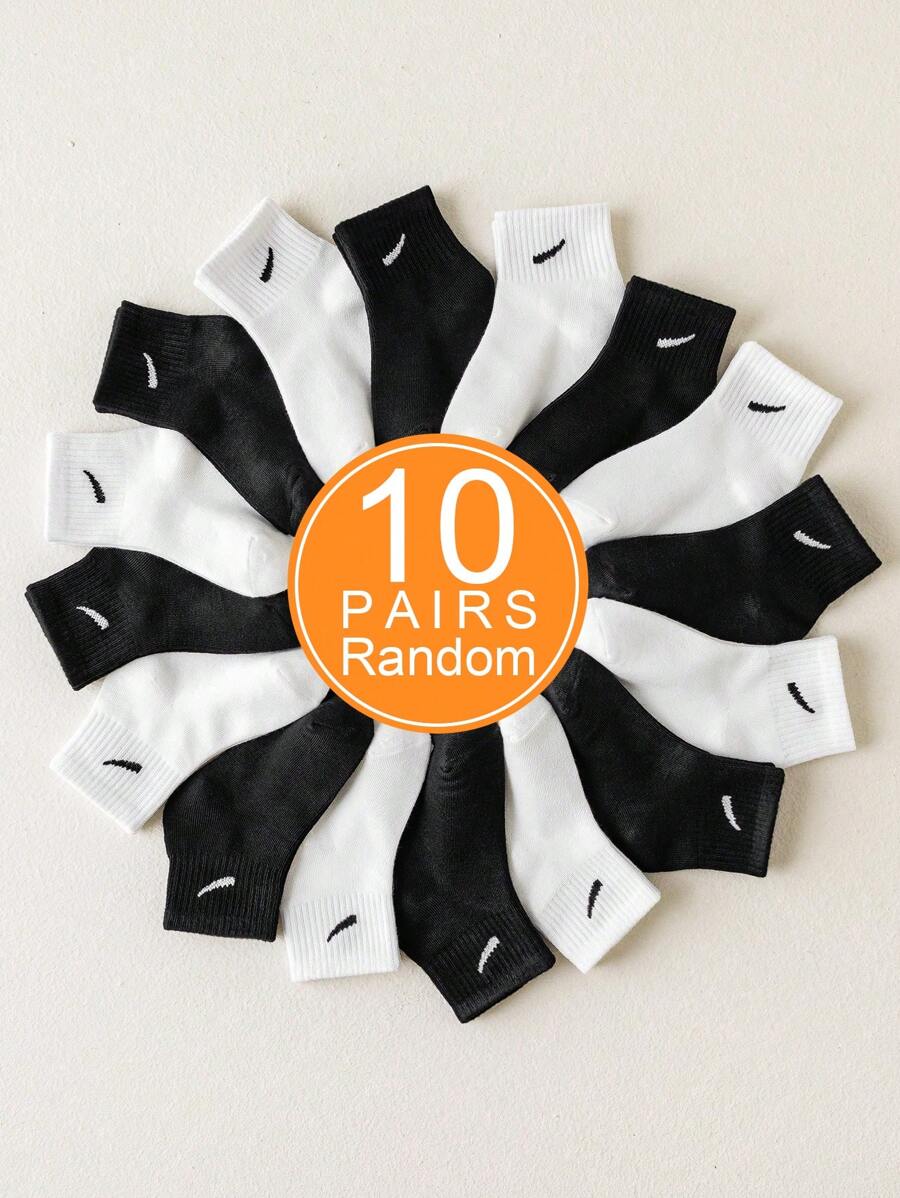 10 paires de chaussettes de sport pour enfants noires et blanches aléatoires, minimalistes et polyvalentes, design unisexe confortable et doux, convenant pour toutes les saisons, pour un port quotidien