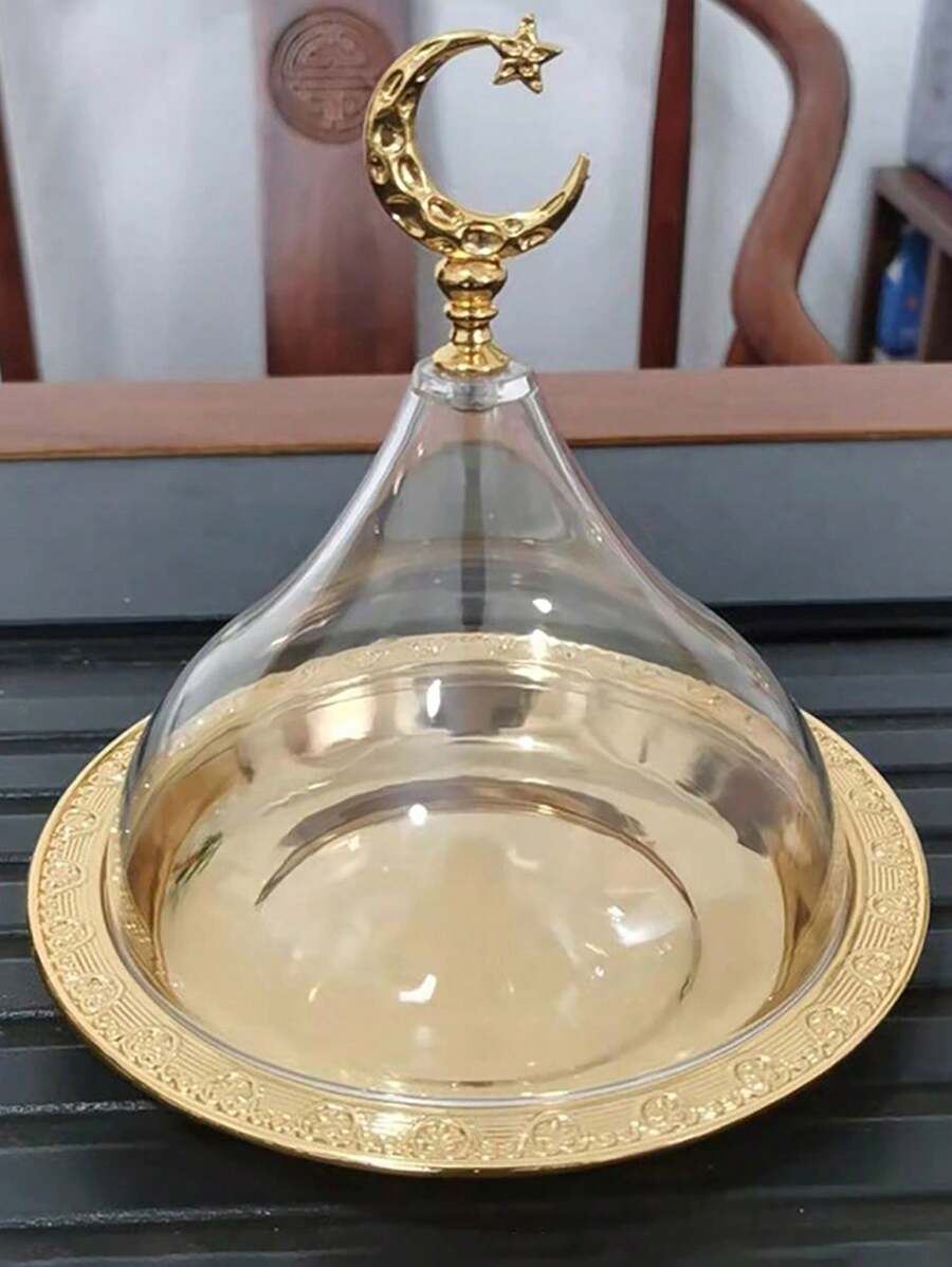 1pc Eid Al Fitr Tray Eid Al Fitr Mubarak Round Metal Food Tray Crazy Night Islamic Eid Al Fitr Mubarak Plate Food Storage Container Suitable For Eid Al Fitr Islamic Muslim Event Party Gifts, Gold, Silver