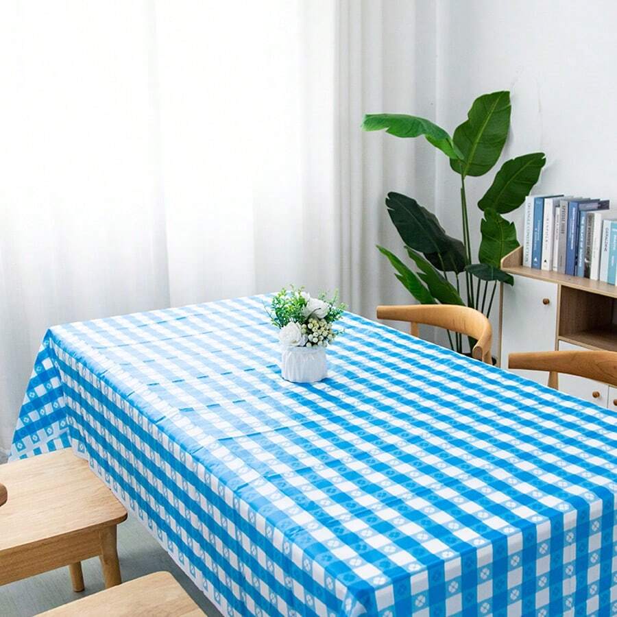 1pc Blue Plaid Disposable Plastic Tablecloth, Waterproof & Oil-Proof, Protects Table Surface, 54*108in Square, Suitable For Various Occasions