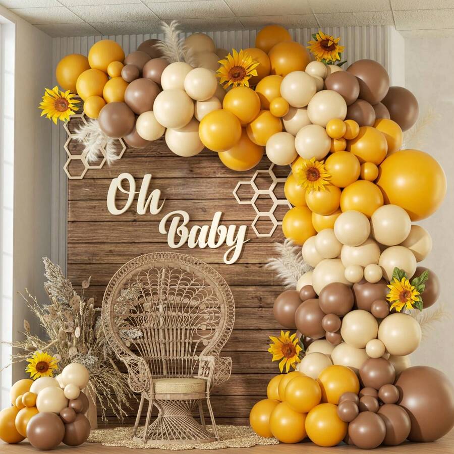 140pcs Bee Balloon Arch Kit, Includes Brown, Mustard Yellow, White Balloons, For Sunflower Bee Gender Reveal Party, Baby Shower Decoration