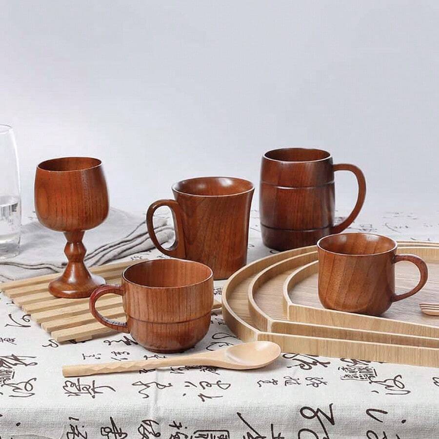 1pc Wooden Creative Thick Wooden Mug With Handle, Milk Coffee Cup