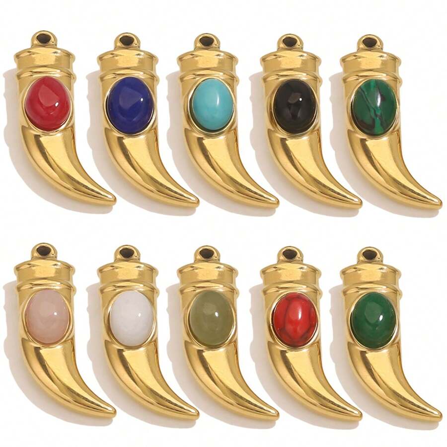 1 Pc 304 Stainless Steel Chili Sickle Shaped Pendant Inlaid With Natural Stone 18k Gold-Plated Pendant For Women To Wear Accessories DIY Pendant