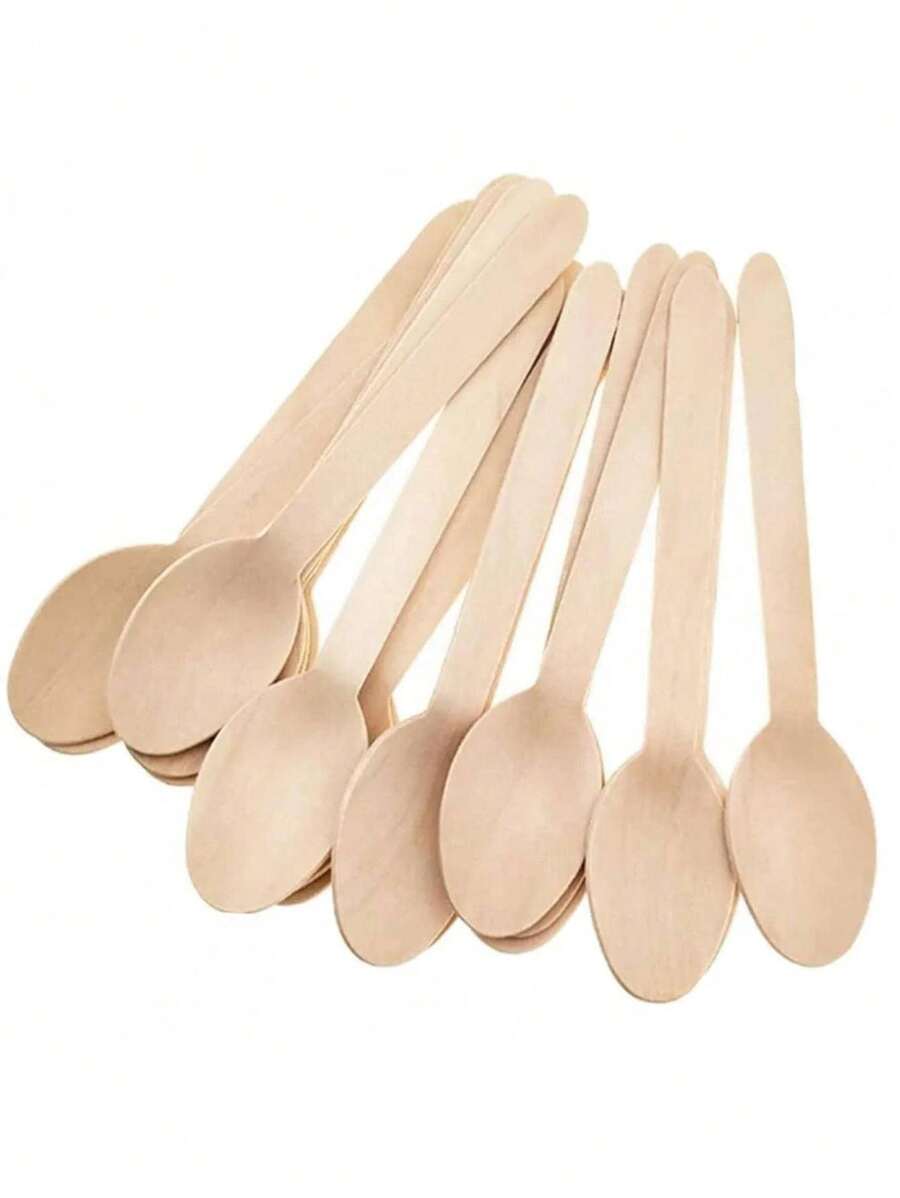 100 piezas Cucharas desechables de madera, cucharas desechables planas minimalistas, adecuadas para hogar, cocina, vajilla de fiesta, suministros escolares