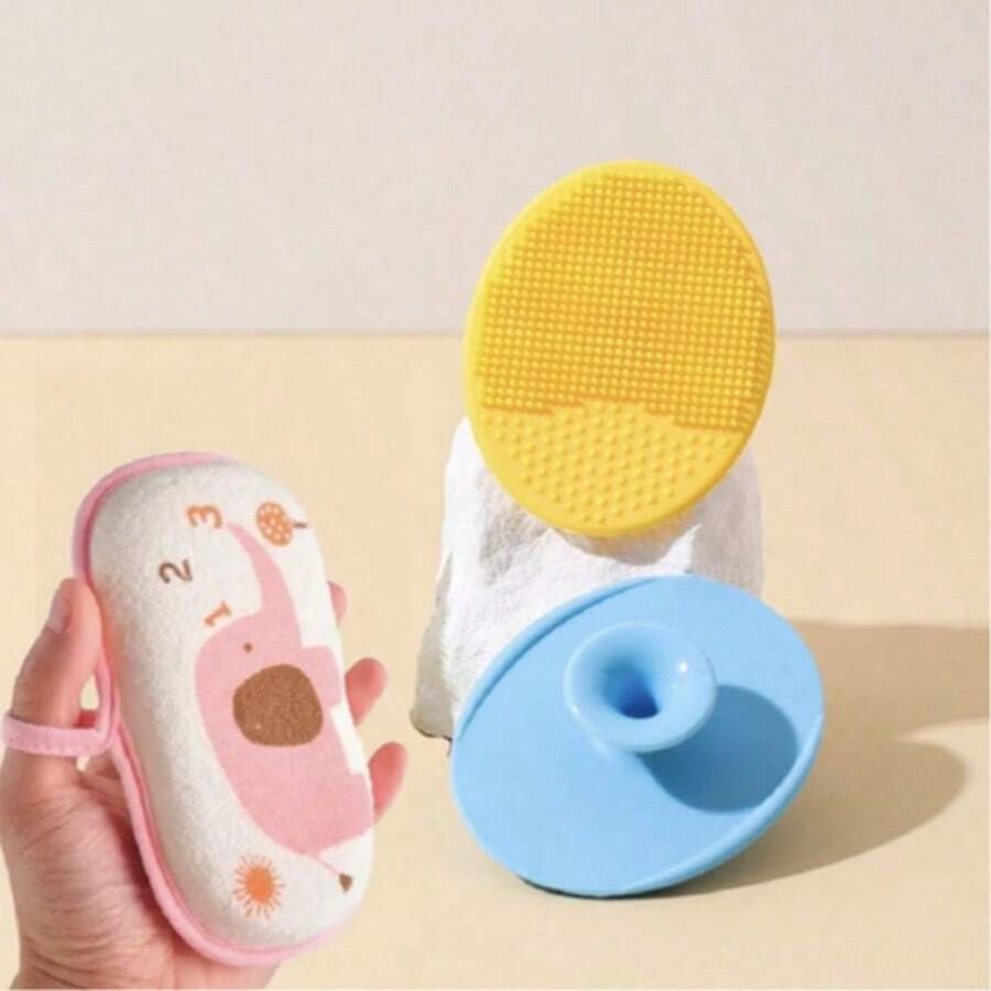 2pcs/Set Teens Bath & Shampoo Brush Set - Soft Silicone, Gentle Scalp Massage, Easy Clean Hair Comb, Cartoon Elephant Washcloth, Soft Lathering Scrubber, Body Hair Cleaning Sponge, Bathing Supplies, Suitable For Teens