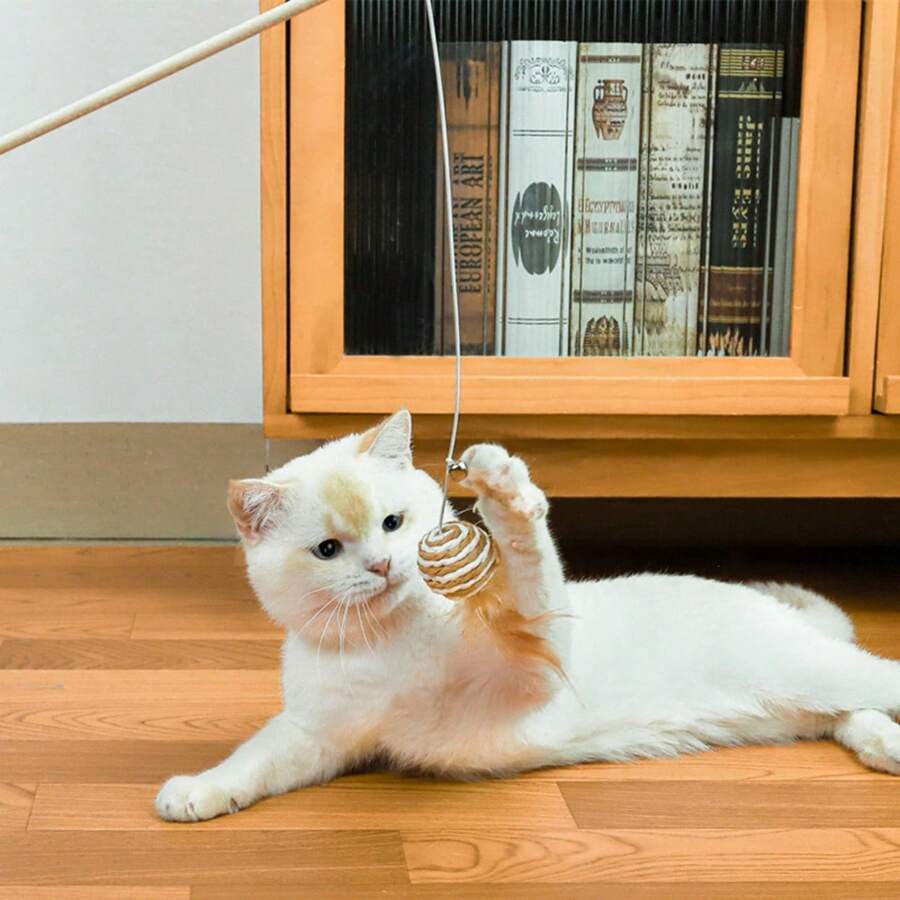 1 pieza Vara de juguete de madera con cascabel de ratón para gatos, juguete interactivo para gatos